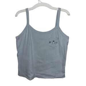 Vtg 90s Baby Blue Cami Tank S/M Baby Tee Grunge Floral Embroidery Pocket